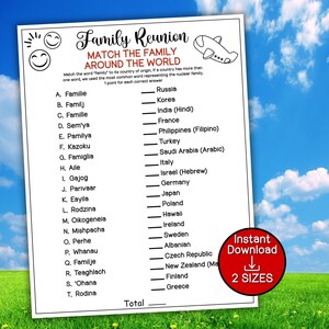 Match the Family Around the World Family Reunion Printable Matching Game for Adults, Family Games, Icebreaker Games, Reunion Activities