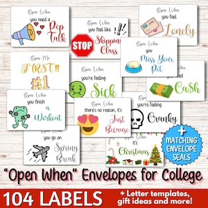 Tarjetas imprimibles "Abre cuando" para estudiantes universitarios, kit de supervivencia para estudiantes universitarios, paquete de cuidado universitario, etiquetas "Abre cuando"