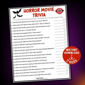Halloween Horror Movie Trivia, Scary Movie Quiz, Halloween Trivia, Adult Halloween Party Games Printable, Halloween Family Games