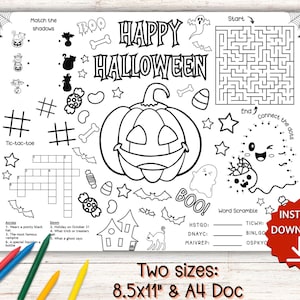 Halloween Coloring Pages, Halloween Activity Placemat, Placemat Coloring Sheet, Halloween Activities, Halloween Party Game, Kids Placemat