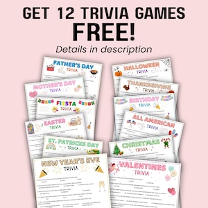 The image is an advertisement for a collection of 12 Trivia games, offering them for free. The games are titled "Father's Day", "Mother's Day", "Halloween", "Thanksgiving", "Easter", "All American", "St. Patrick's Day", "Christmas", "Valentines", and "New Year's Eve".