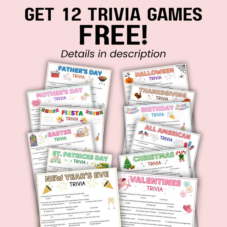 The image is an advertisement for a collection of 12 Trivia games, offering them for free. The games are titled "Father's Day", "Mother's Day", "Halloween", "Thanksgiving", "Easter", "All American", "St. Patrick's Day", "Christmas", "Valentines", and "New Year's Eve".