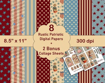 Vintage Patriotic Digital Paper Pack, Americana Colors, Vintage Patriotic Collage, 4th of July Ephemera, 4th of July patterns, Memorial Day