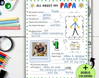 Carte à imprimer « Tout sur mon papa », cadeau des petits-enfants, cadeau personnalisé pour grand-père, carte pour la fête des pères, coloriage pour la fête des grands-parents