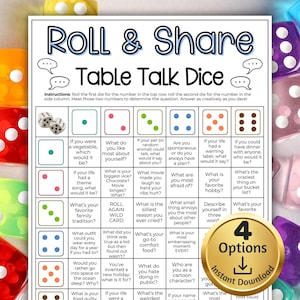 Könnte beinhalten: Ein druckbares "Roll & Share Table Talk Dice" Spiel mit verschiedenen Gesprächsaufforderungen. Das Spiel enthält Würfelsymbole, Fragen und eine goldfarbene Schaltfläche "Sofort-Download". Das Spiel ist für interaktives Spielen konzipiert.