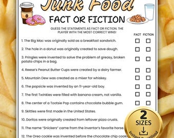 Junk Food Fact or Fiction Trivia Game, Ice Breaker Games, Trivia Game Night, Games for the Elderly, Sleepover Games, Games for Seniors