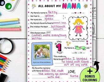 All About My Nana Printable Coloring Page, Grandparents Day Interview, Grandparents Day Printable, Nana Birthday Card, DIY Gift for Grandma