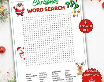 Op de afbeelding: Een kerst-woordzoekblad met een raster van letters, een lijst met vakantiewoorden en illustraties van de Kerstman, een sneeuwman en een rendier. De tekst bevat 'Christmas WORD SEARCH', 'ANSWER KEY' en 'INSTANT DOWNLOAD 2 SIZES'.