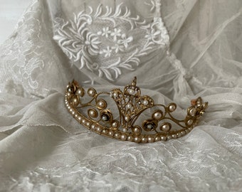 Vintage Pearl Encrusted Gold Bridal Tiara ~ Interior Decor ~ Objet D’art