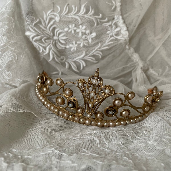 Vintage Pearl Encrusted Gold Bridal Tiara ~ Interior Decor ~ Objet D’art