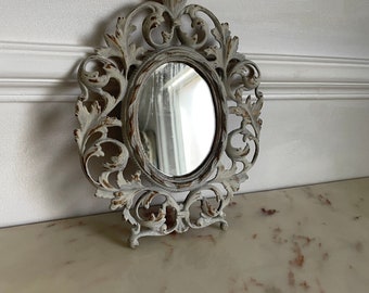 Espejo antiguo pequeño estilo rococó francés desgastado - Gris pálido y oro