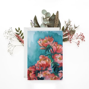 Biglietto di auguri di peonie di corallo 5X7 / AcquerelloArte / Biglietto piegato / Individuale- 5 confezioni / Compleanno / Grazie / Simpatia / Festa della mamma / Giardino