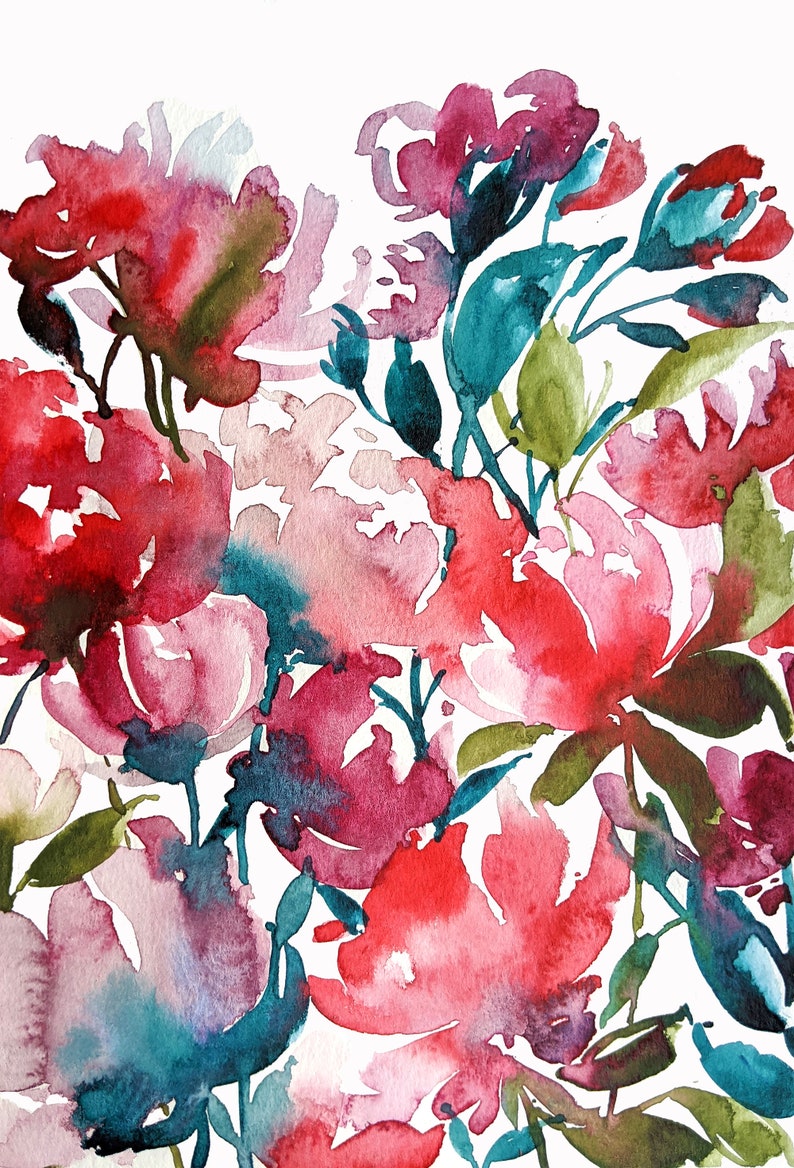 Scarlet Blooms Watercolor Giclee Print Flower Art Watercolor Print Wall