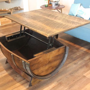 Wine Barrel Table, Wood Barrel Table, Lift Coffee Table, Unique Living Room Table, Whiskey Barrel Decor, Storage Coffee Table, Barrel Table
