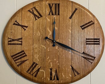 Reclaimed French Oak Barrel Head Clock: Engraved Roman Numerals, Personalized