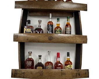 Rustic Whiskey Barrel Wall Shelf: Handcrafted Bourbon Display Rack for Home Bar & Liquor Storage