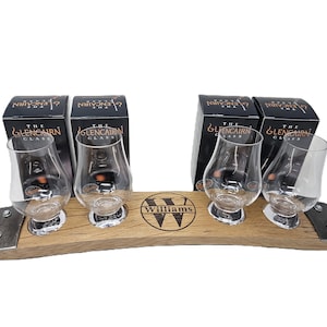 Personalized Whiskey Flight: Engraved Barrel Stave Board with 4 Glencairn Glasses for Bourbon Tasting