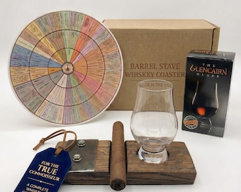 Handcrafted Glencairn Glass & Cigar Holder Whiskey Barrel Coaster Tray for Bourbon Enthusiasts, Free Gift