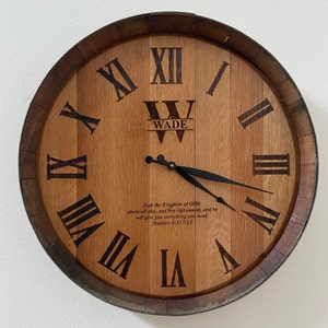 Engraved Barrel Head Wall Clock | Reclaimed Wine or Whiskey Barrel Lid | Rustic Wall Decor | Personalized | 5 year Anniversary Gift