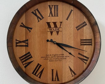 Engraved Barrel Head Clock/ Personalized wedding gift/ Wine Barrel clock/ Custom wood clock/ whiskey barrel clock