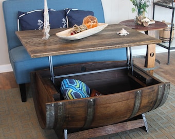 Reclaimed Wine Barrel Coffee Table: Lift Top Storage, Solid Oak