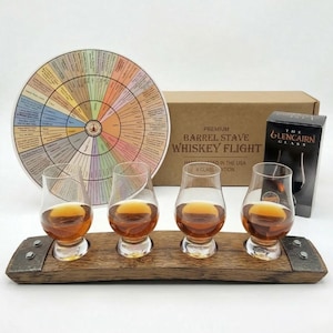 Reclaimed Bourbon Barrel Whiskey Flight: 4 Glencairn Glass Tray, Free Gift