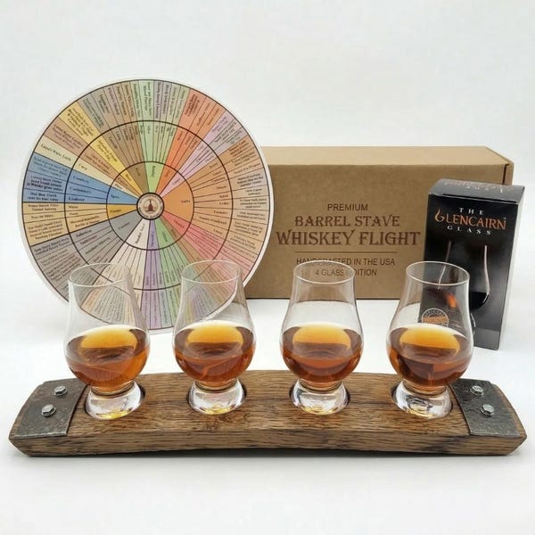 Reclaimed Bourbon Barrel Whiskey Flight Tray – 4 Glencairn Glasses, Rustic Tasting Board
