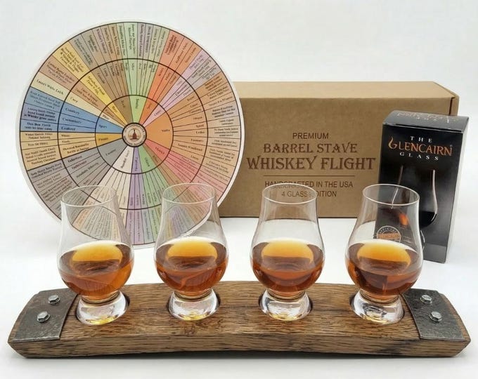 Reclaimed Bourbon Barrel Whiskey Flight Tray – 4 Glencairn Glasses, Rustic Tasting Board