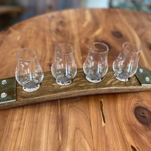 Mini Whiskey Flight with Wee Glencairn Glasses | 4 Glass Bourbon Tasting Tray | Barrel Stave Flight | Custom Bar Gift | Handmade