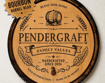 Personalized Engraved Whiskey Barrel Head Sign | Reclaimed Bourbon Lid Rustic Wood Wall Decor