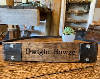 Engraved Name Sign: Reclaimed Bourbon Barrel Wood, Office Decor, Desk Name Tag