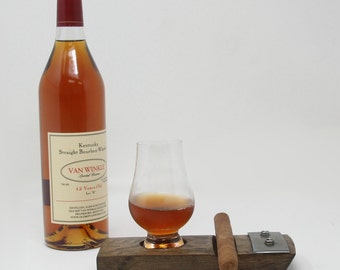 Customized Cigar Holder Set with Glencairn Glass, Whiskey Barrel Coaster, Bourbon Tasting Wheel
