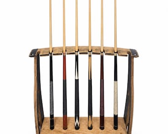 Whiskey Barrel Stave Pool Cue Rack, Freestanding 8-Cue Billiard Stick Holder, Rustic Game Room Storage