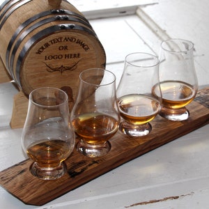4 glass Engraved Whiskey Stave flight/ Glencairn glasses/ Whiskey sampling/ Whiskey serving tray