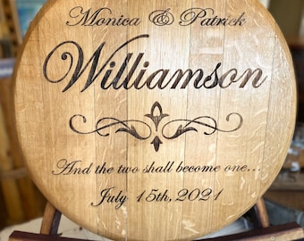 Engraved Barrel Head with Easel/ Barrel head guestbook/ Custom Designs/ Wedding Gift/Barrel stave easel/ Wine Barrel Lid/ Whiskey Barrel Lid