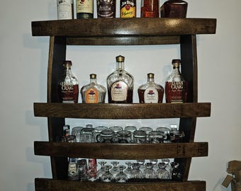 Whiskey Barrel Stave Wall Bar | Reclaimed Wood Liquor Shelf, Man Cave Decor