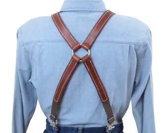 White Stitched Brown Premium Leather X-Back Suspenders with Silver Ring Back