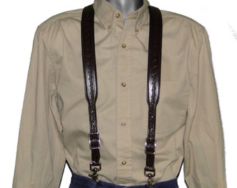 Barbed Wire embossed Dark Chocolate Brown Leather Suspenders