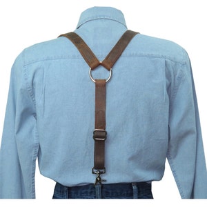 Distressed Dark Brown Premium Leather Suspenders with Silver Ring Back