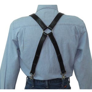 Black Premium Leather X-Back Suspenders with Silver Ring Back S-3X