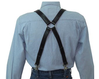 Black Premium Leather X-Back Suspenders with Silver Ring Back