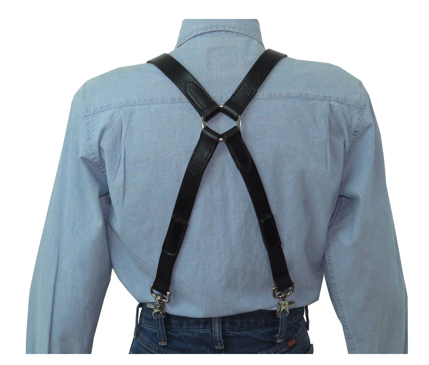 Black Premium Leather X-back Suspenders With Silver Ring Back 