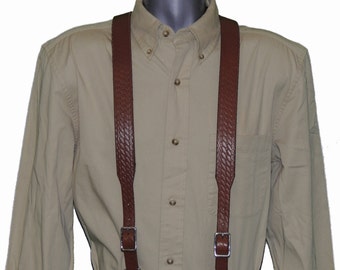 Brown Basket Weave Leather Suspenders, Heavy Duty, Adjustable S-3X