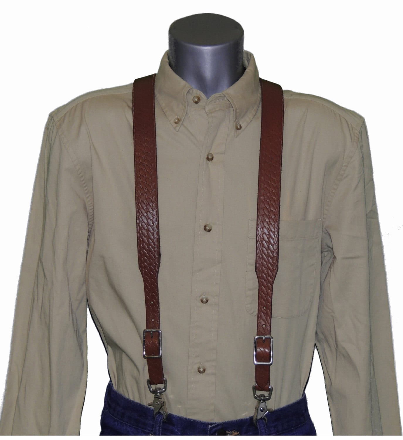 Brown Basket Weave Leather Suspenders, Heavy Duty, Adjustable S-3X