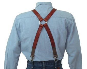 Big & Tall Brown Premium Leather X-Back Suspenders with Silver Ring Back