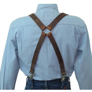 Distressed Dark Brown Leather X-Back Men&#39;s Suspenders with Silver Ring Back S-3X