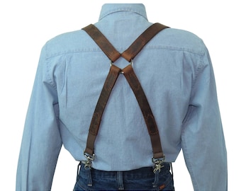 Distressed Dark Brown Leather X-Back Men's Suspenders with Silver Ring Back