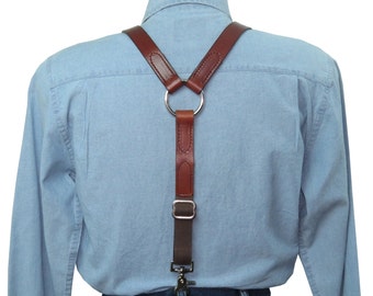 Brown Premium Leather Suspenders with Silver Ring Back