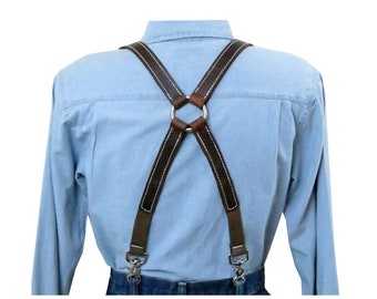 White Stitched Distressed Dark Brown Premium Leather X-Back Men's Suspenders with Silver Ring Back