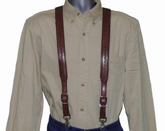 Barbed Wire embossed Brown Leather Suspenders